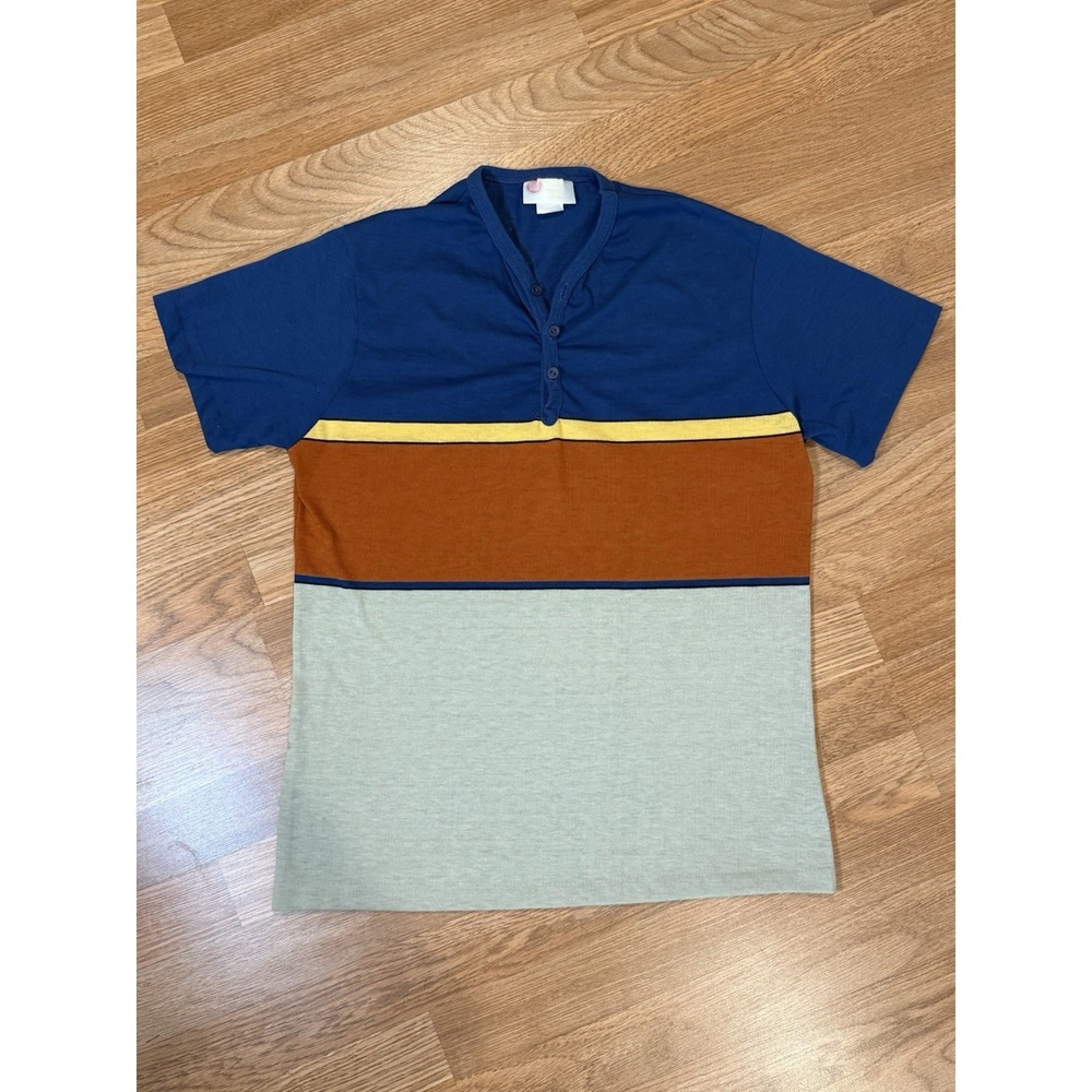 Vintage 70s Kings Road Sears V-neck Shirt M/L Horizontal Striped Short Sleeve